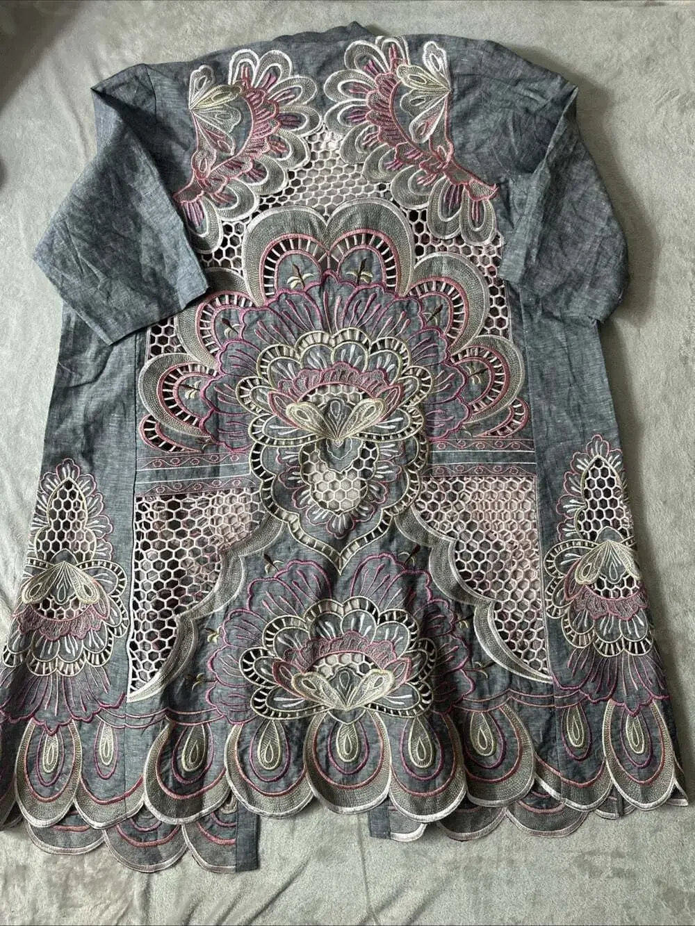 Chico’s Novelty Kimono L/XL Petite Linen Blend Scallop Embroidered Jacket NWT